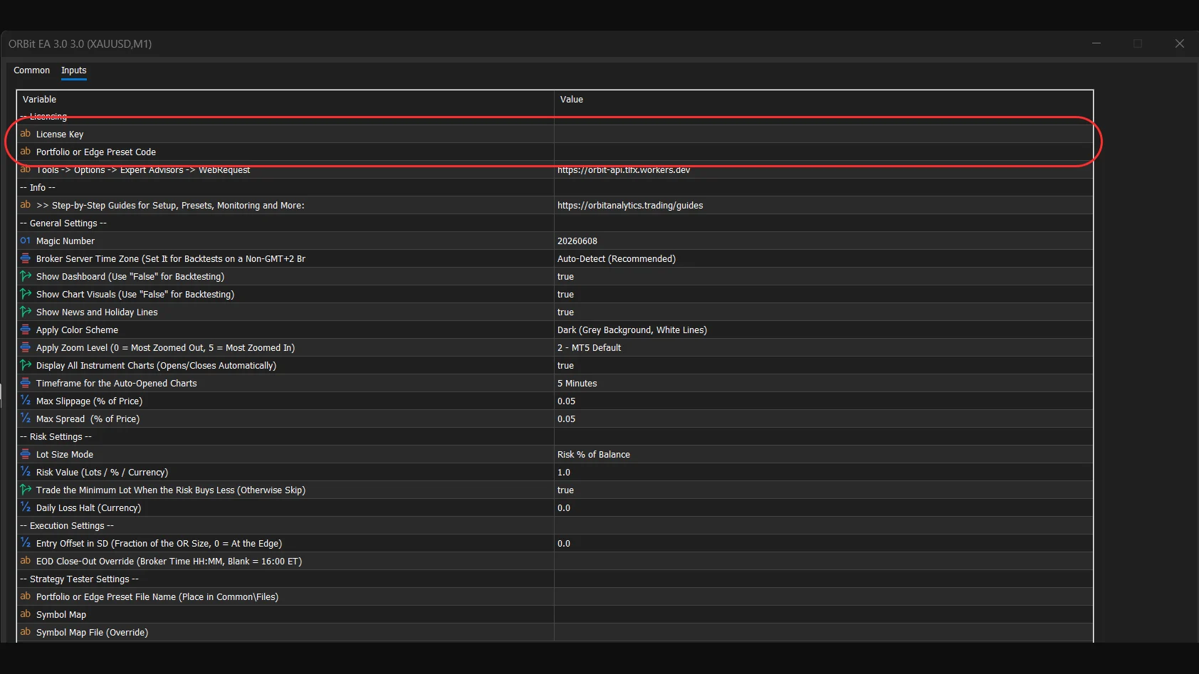 The EA inputs with License Key and Preset Code filled in