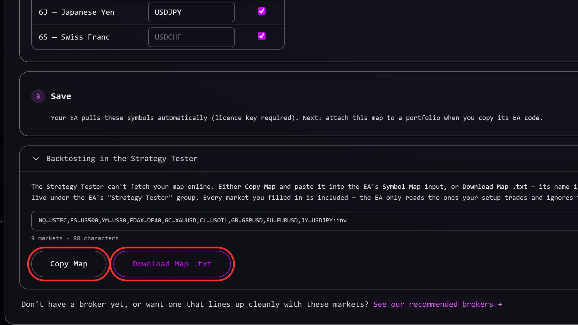 The Add Your Symbol Map step of the MT5 Strategy Tester Bridge with Download Map .txt and Copy Map