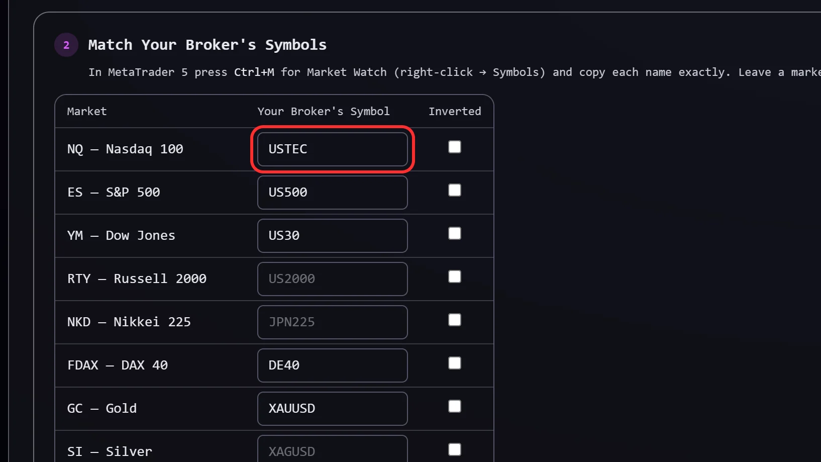 The symbol map table with broker names filled in