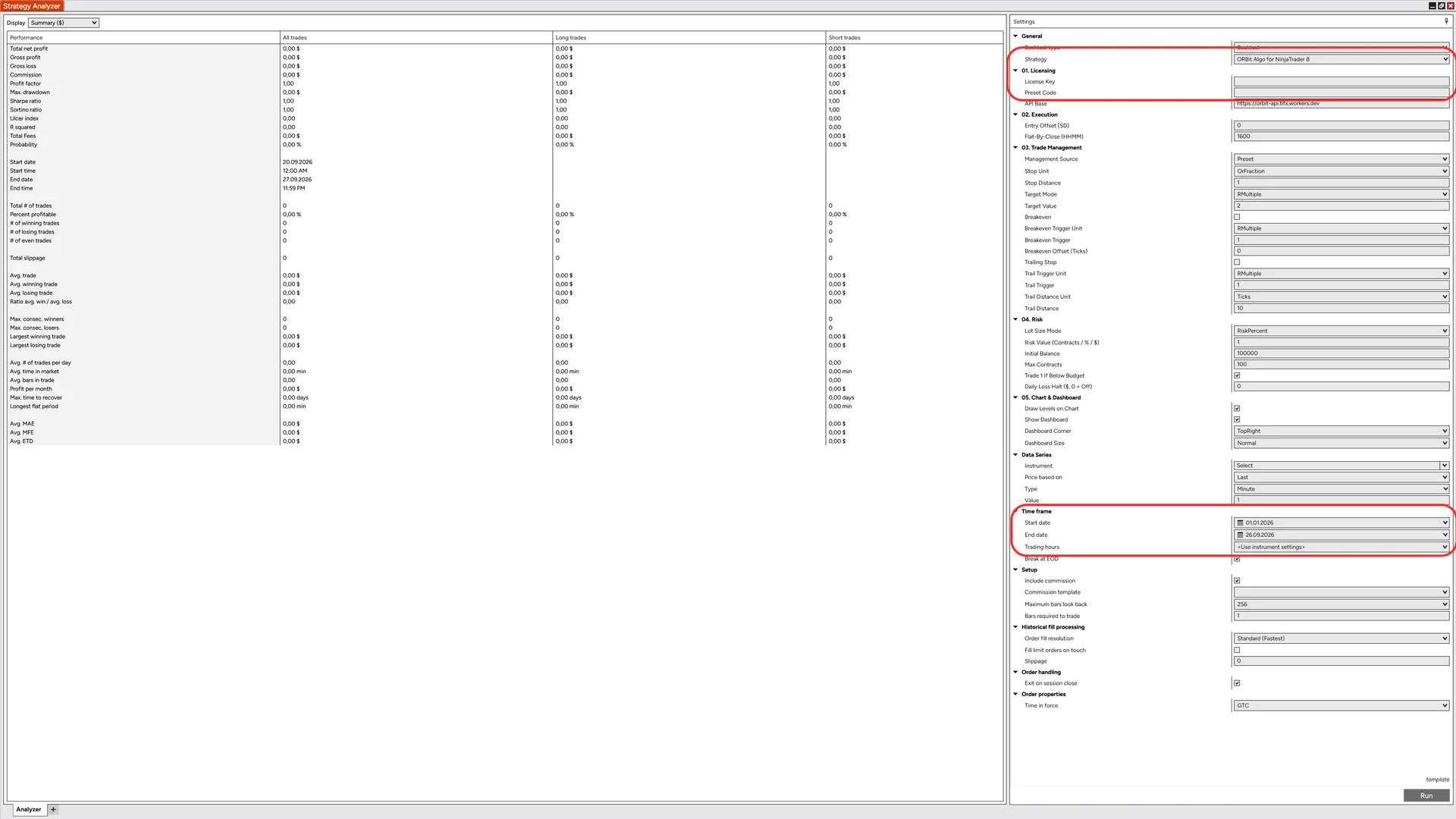 The Strategy Analyzer with ORBit Algo for NinjaTrader 8 selected