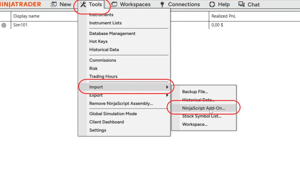 The NinjaTrader Tools menu: Import, NinjaScript Add-On