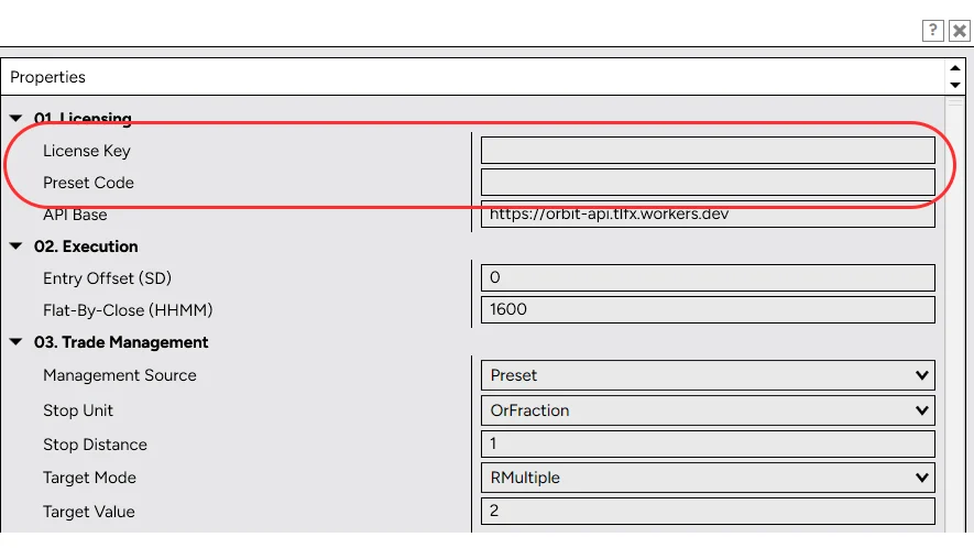 Strategy properties with License Key and Preset Code filled in