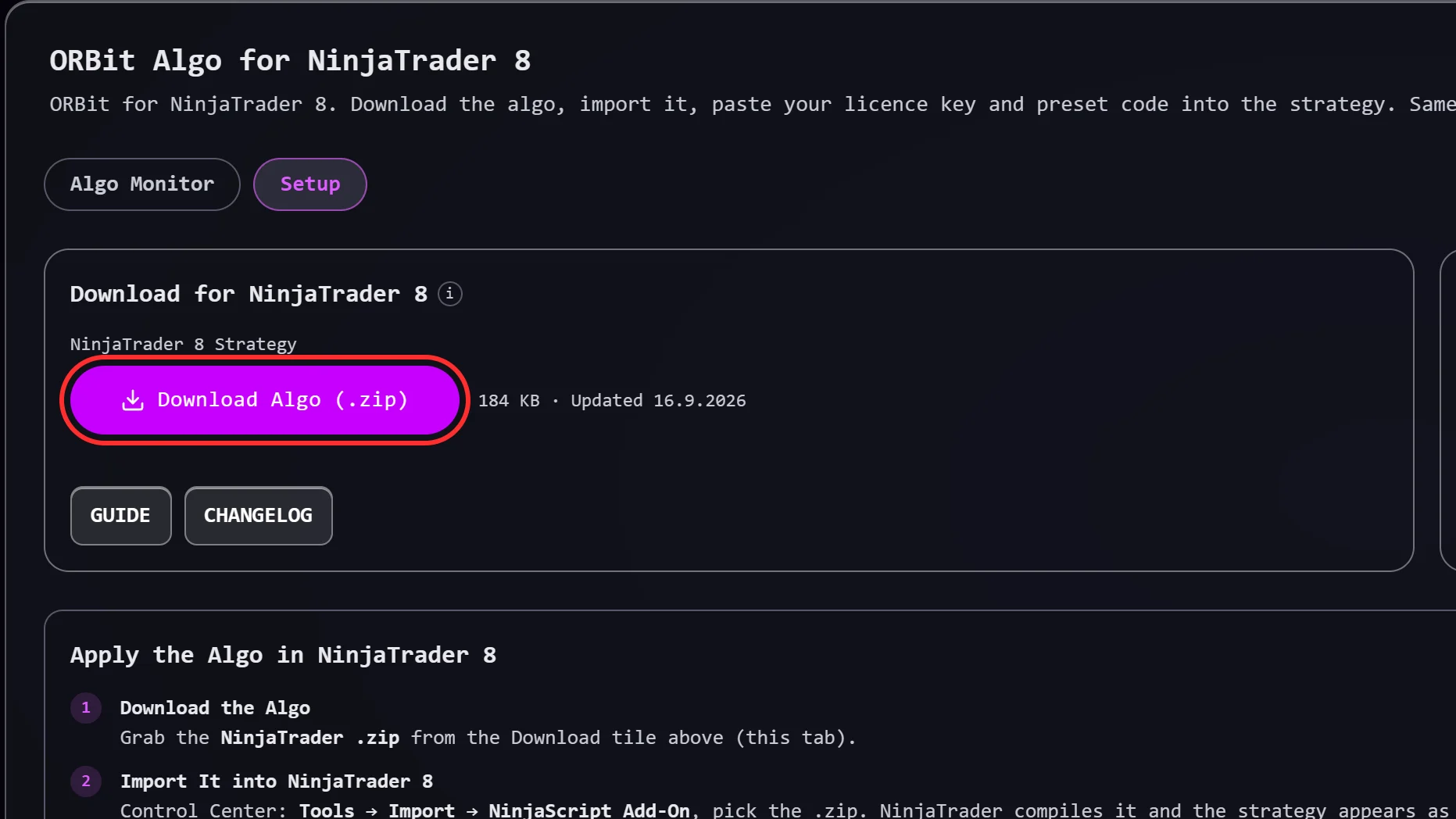 The ORBit Algo Setup tab with the Download tile