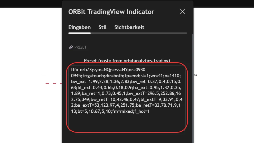 The indicator settings with the Preset field